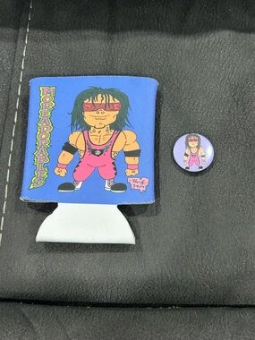 Bret hart LOT of 2! Cozy/Koozie & pin! Custom art printed! One of a kind!